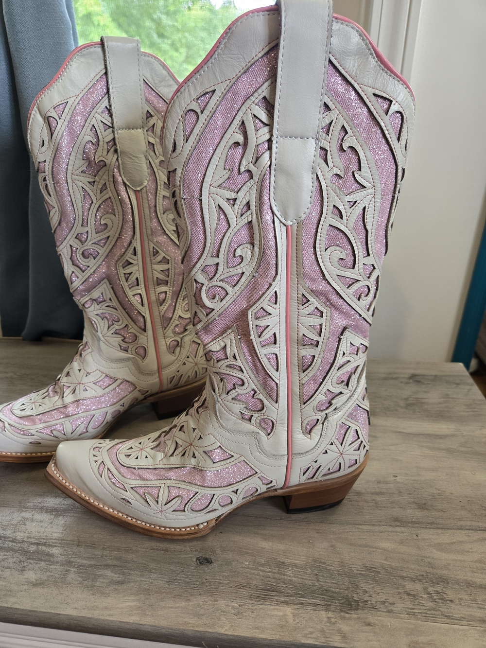 J.B. Dillon Cream and Pink Glitter Western Cowgirl Boots